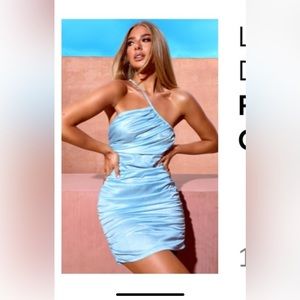 Light blue printed satin asymmetric bodycon dress